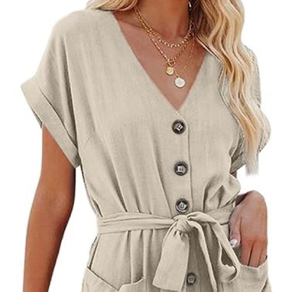 H&M Beige Linen Blend V Neck Button Front Jumpsuit Romper Size XL - Picture 3 of 16